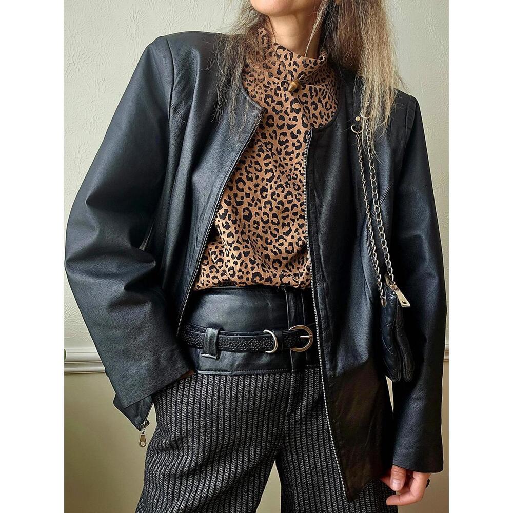 Genuine Leather Black Zippered Jacket, vintage minimalist bomber L XL